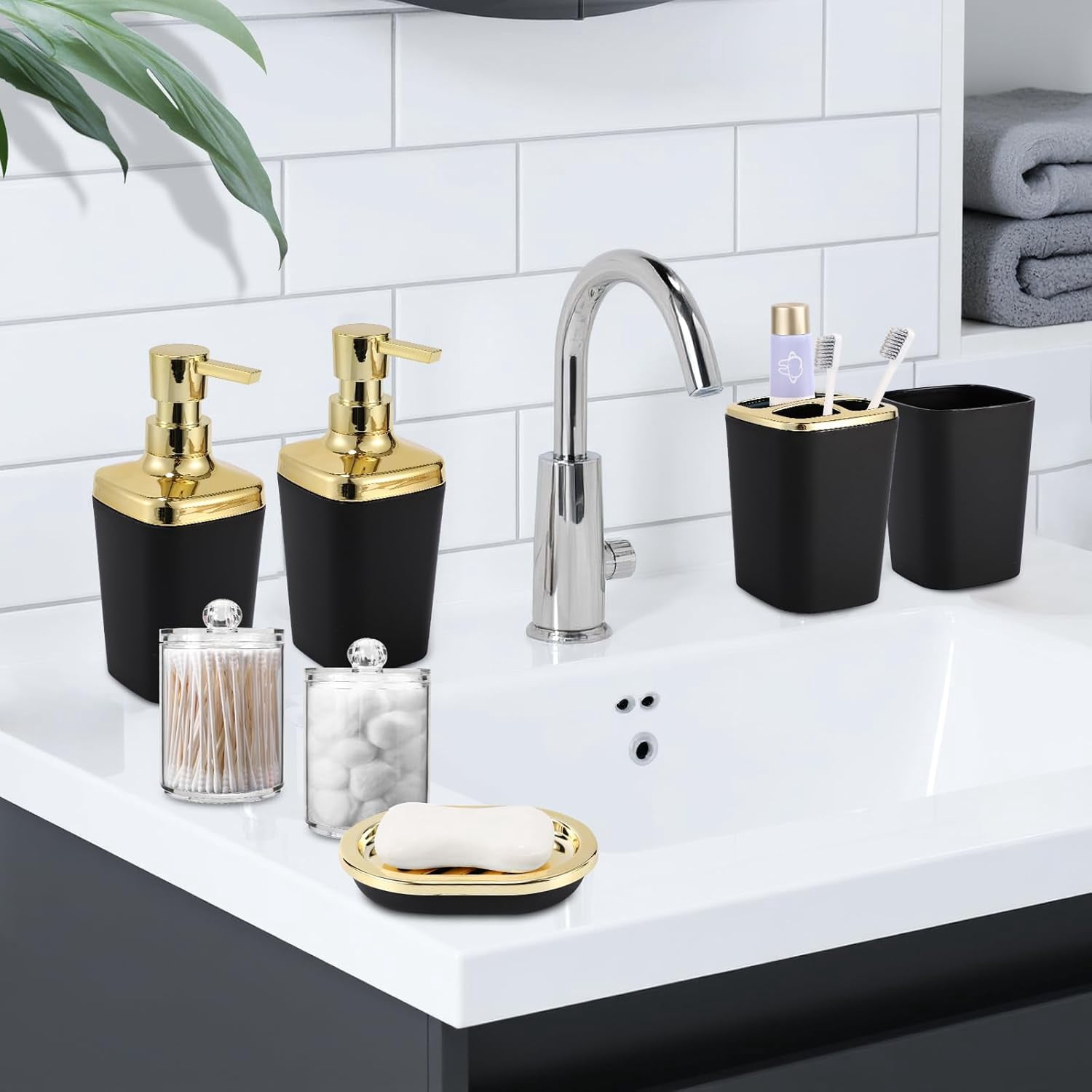 Black Bathroom Accessories 9 Piece Black and Gold Bathroom Set with Slim Trash Can,Soap Dispenser,Toilet Brush,Toothbrush Set, Qtip Holders for Housewarming