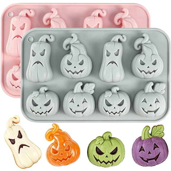 Halloween Pumpkin Silicone Molds, 2 Pack Jack O Lantern Trays with 8 Unique Pumpkin Face Designs, Food Grade Nonstick Molds for Chocolate, Candy, Wax Melts, Candle Making, Fall Halloween DIY Crafts