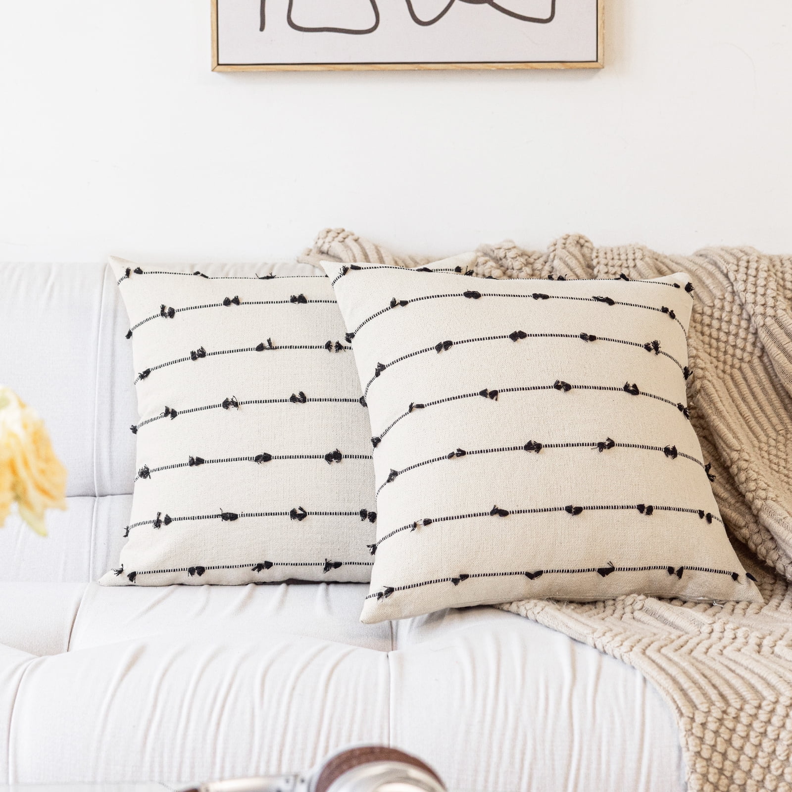 Skodaer Boho Throw Pillow Covers 20"x20" Set of 2 Modern Farmhouse Decorative Cushion Case Tufted Square Pillows Cover Neutral Pillow Cases Accent Pillowcase for Sofa, Couch, Bed,Black