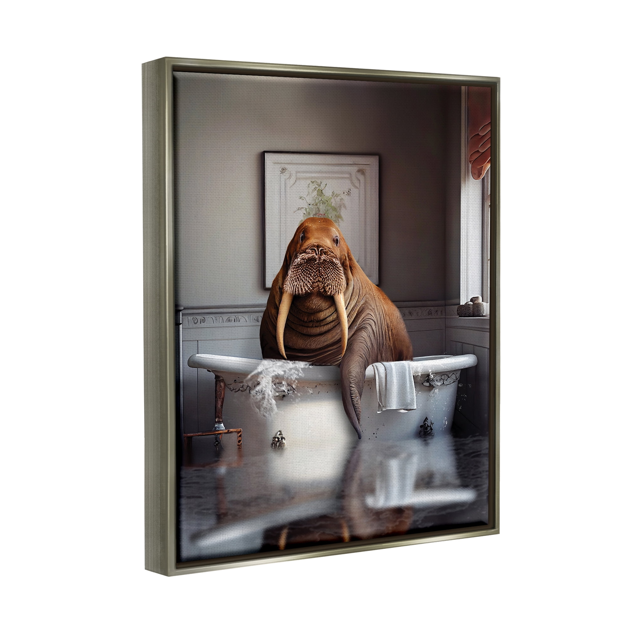Stupell Industries Walrus in Bathtub Animals & Insects Painting Gray Floater Framed Art Print Wall Art, 17 x 21