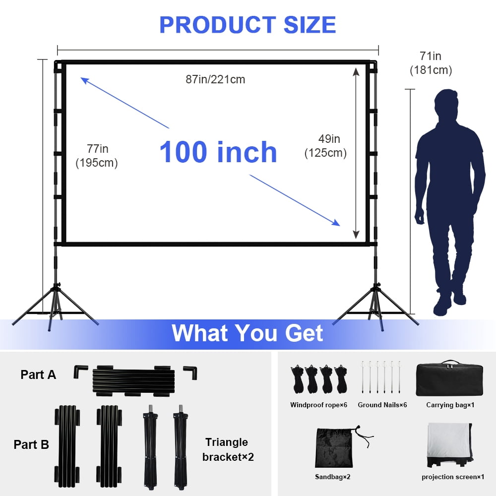 HVKDIEB Projector Screen with Stand,100 Inch 16:9 HD 4K Indoor Outdoor Projection Cinema Screen