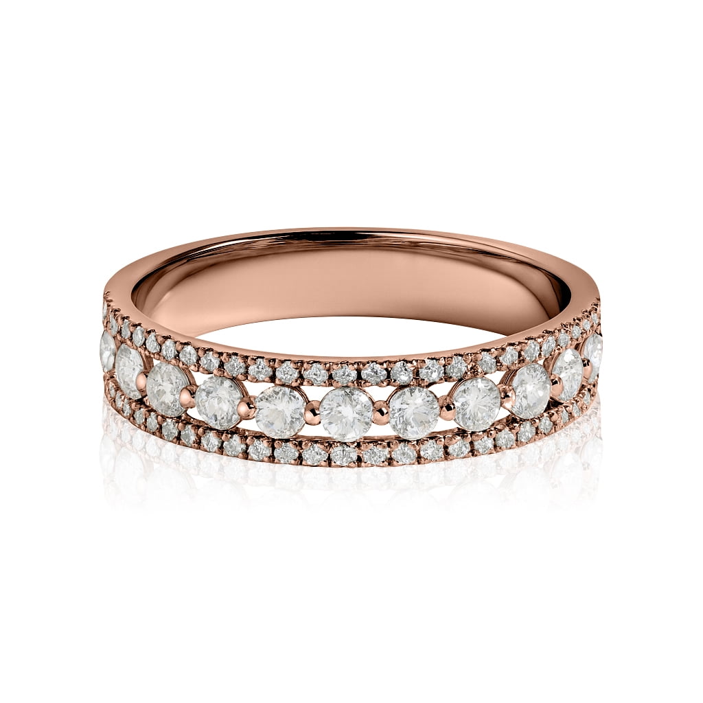 JeenMata Double Pave - 0.75 Carat Round Brilliant Cut Moissanite - Eternity Anniversary Ring - 18K Rose Gold Plating for Women