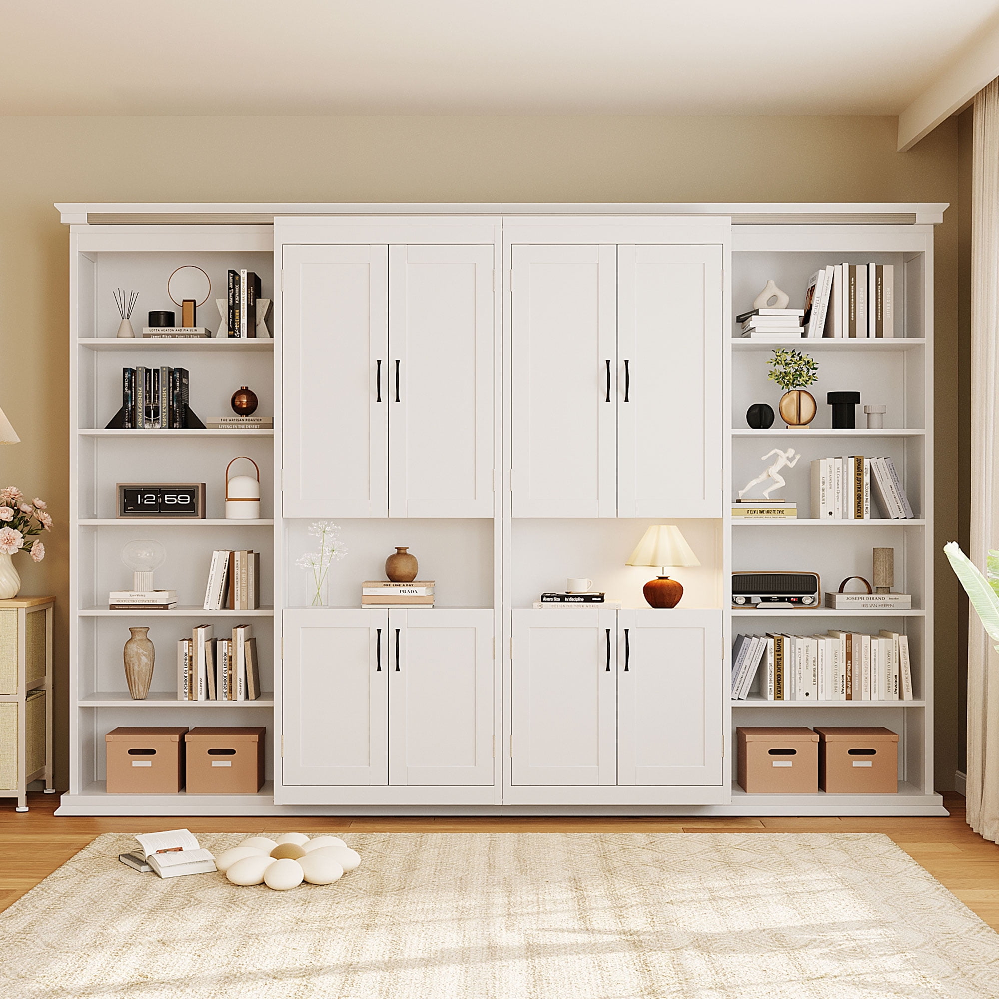 Full Size Murphy Bed with Dual Sliding Storage Cabinets, 6-Tier Open Shelves, Space-Saving for Small Space, Guest Room