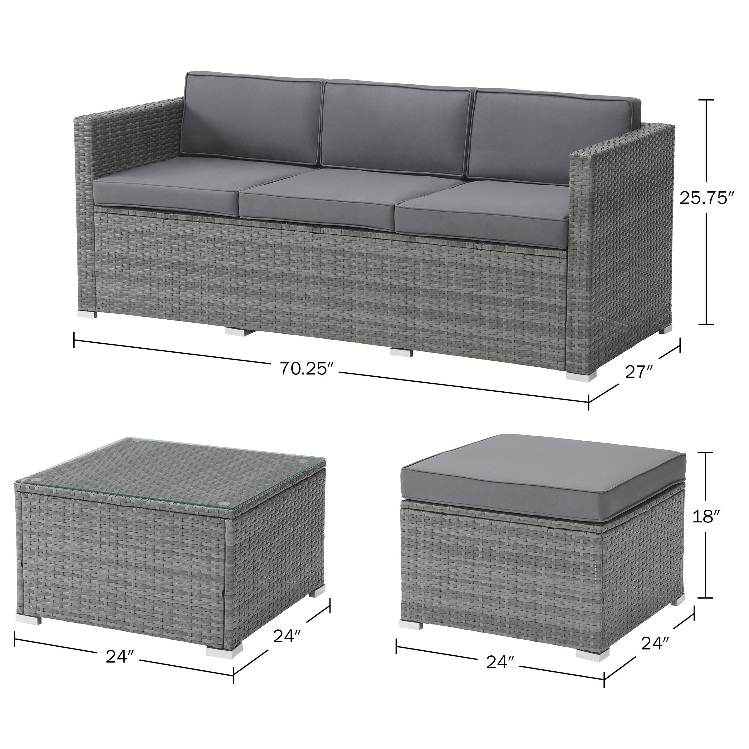 Lavish Home 3-Piece Cushioned Rattan Sectional Sofa Outdoor Patio Furniture Set, Gray