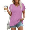 thumbnail image 5 of Fesfesfes Women's Fashion T-shirt Solid Color Slit Raglan Sleeve V-Neck Blouses Summmer Pullover Breathable Daily Wearing Tops(Purple,M), 5 of 7