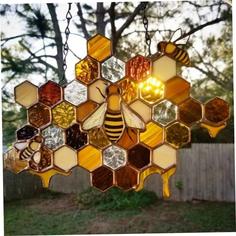 Aosijia Stained Glass Bee Suncatcher Stained Honeycomb