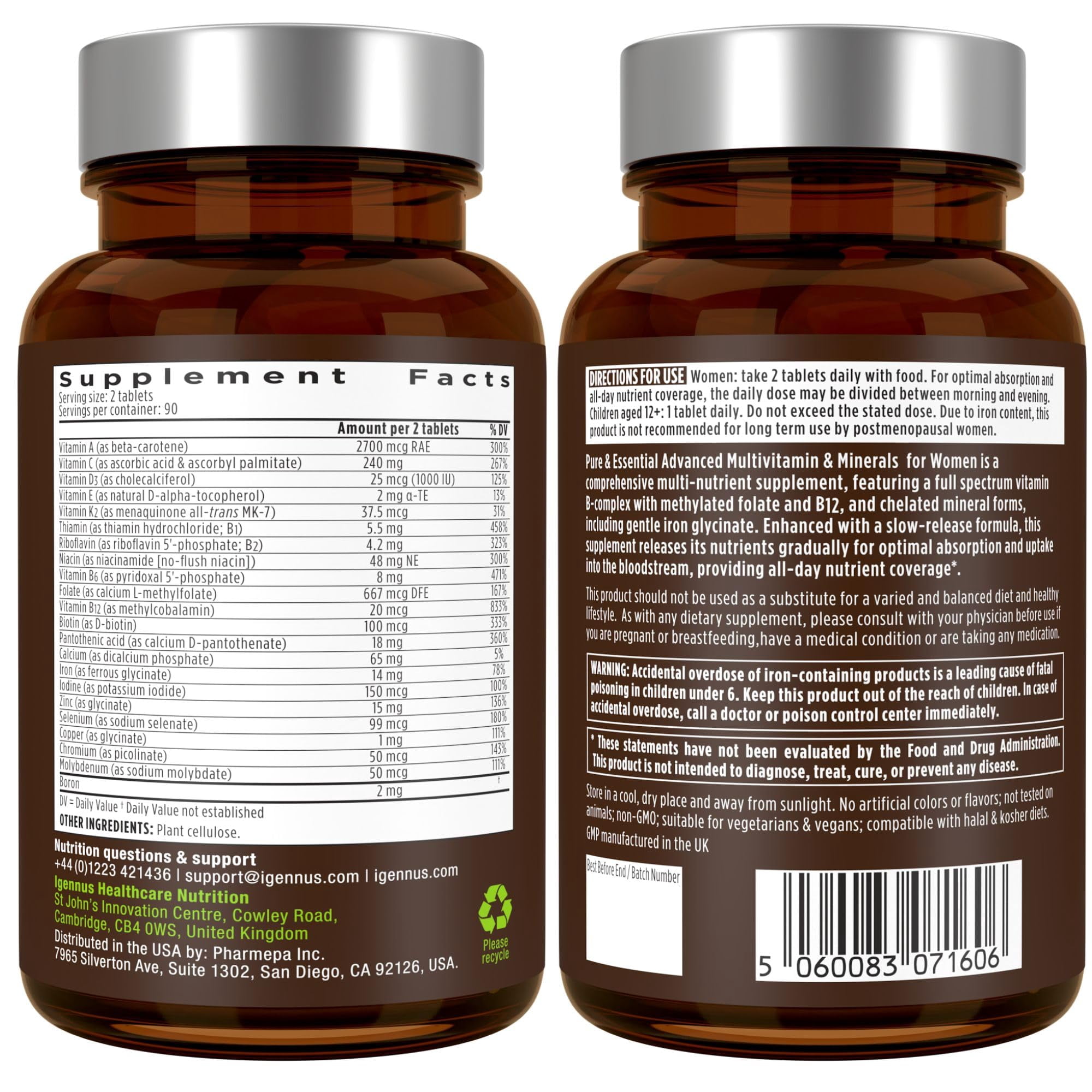 Igennus High Potency Methylated Multivitamin for Women, Pure & Clean Ingredients, MTHFR Supplement with Active B-Vitamins, Vitamin K2 MK7, Gentle Iron,Sustained Released, Non-GMO & Halal, 180 Tablets
