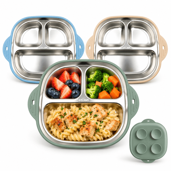 HuaYunJia 3 pack 304 Stainless Steel Suction Baby Plates, 3-Compartment Divided Suction Plates for Toddlers,Khaki, Blue, Green