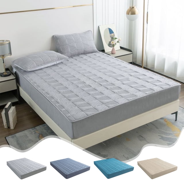 Sentmoon Fitted Sheet Queen Quilted Fitted Sheet Made of Washed Cottons Solid Color Skines-Friendly Breathable Non-slide Thickened and Dirt-Proof Bed Cover Suitable for Home Use