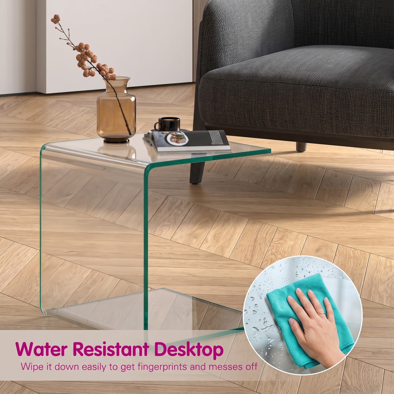 Furnibear 16 Inch Tempered Glass Waterfall End Table, Modern C-Shaped Side Table with Non-Slip Pads for Living Room Bedroom Office, 66 lbs Capacity, Clear Transparent