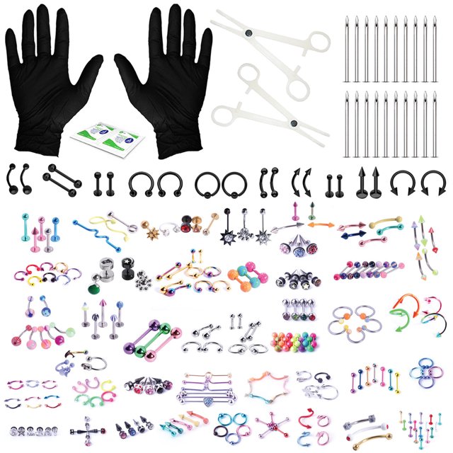 BodyJ4You 156PC Body Piercing Kit Lot 14G 16G Black Belly Ring Tongue Tragus RANDOM Mix Jewelry