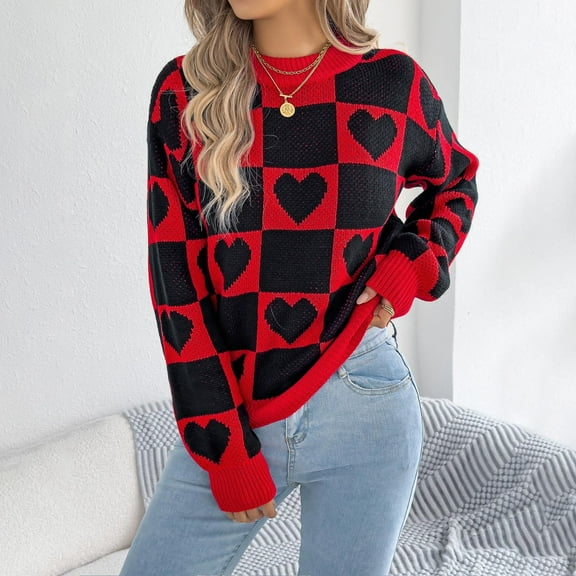 Qetyuw Checkered Sweater for Women Heart Print Long Sleeve Jumper Loose Fit Crew Neck Jumpers Casual Chunky Pullover Sweaters