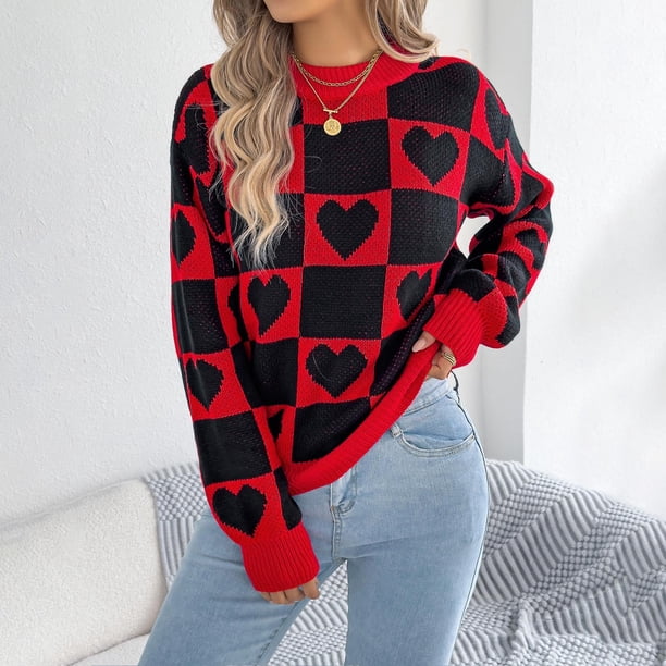 Suéter de cuello redondo para mujer, jersey de cuello redondo con cuadros contrastantes y forma de corazón, suéter de moda para mujer, top acrílico