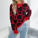 thumbnail image 1 of Suéter de cuello redondo para mujer, jersey de cuello redondo con cuadros contrastantes y forma de corazón, suéter de moda para mujer, top acrílico, 1 of 8