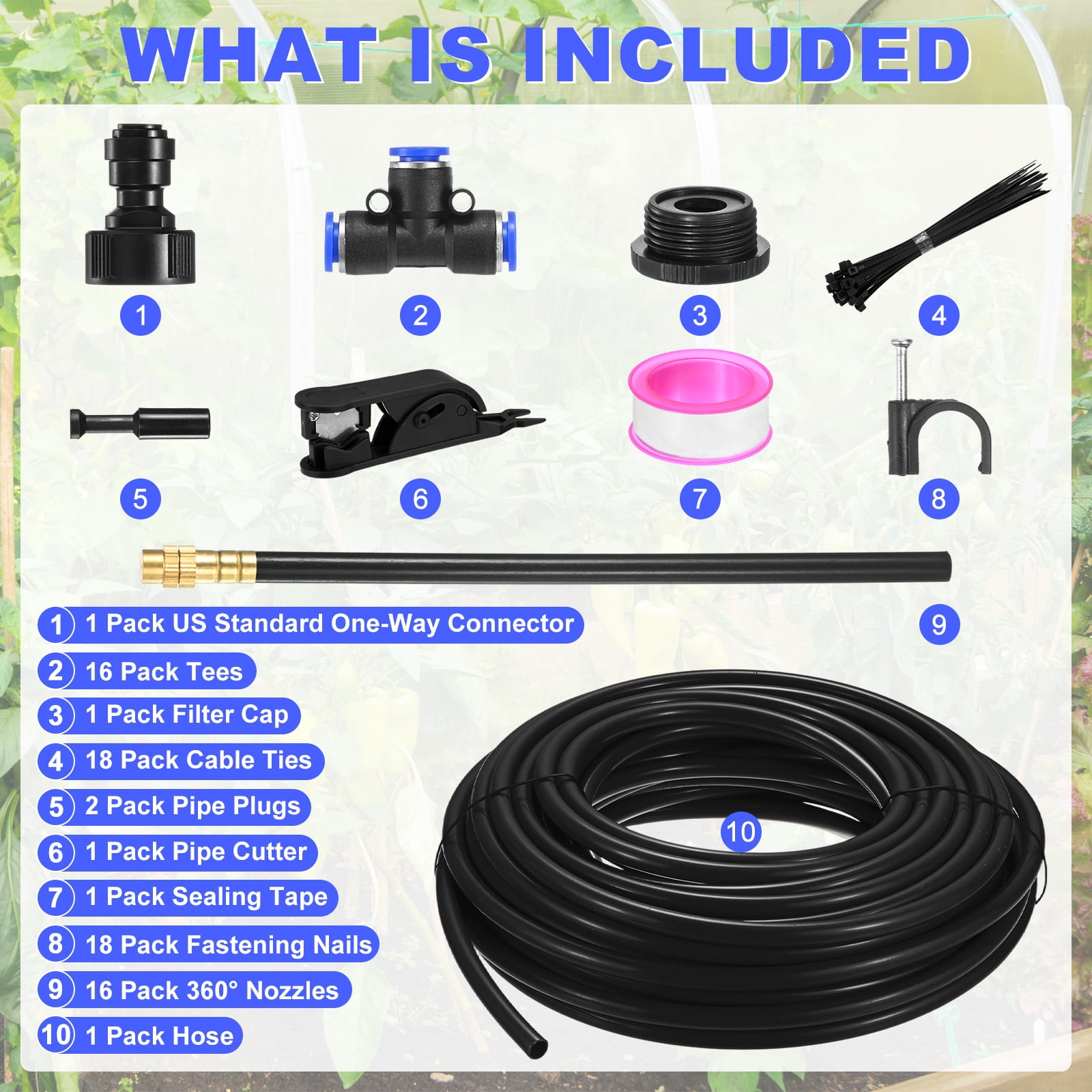 Uxcell 1-Set Drip Irrigation System, 50Ft 5/16" Hoses Garden Watering Misting System with 16pcs 360° Adjustable Copper Nozzles