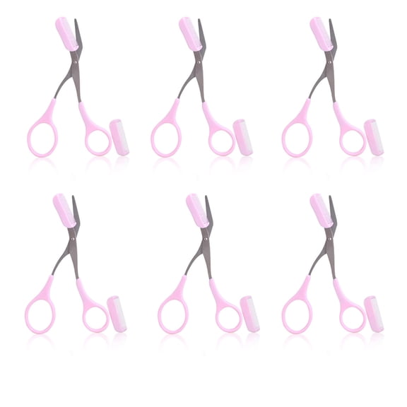 Eyebrow Scissors Trimmer with Razor, Stainless Steel Brow Shaping Kit with Brush Comb, Pink, 6 Pcs