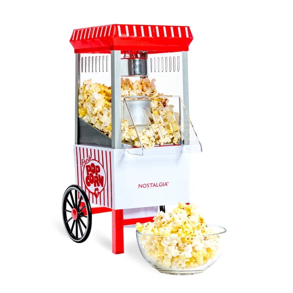 Nostalgia Hot Air Popcorn Maker, 12-Cup Countertop Popcorn Machine Cart with Measuring Cup, Red/White