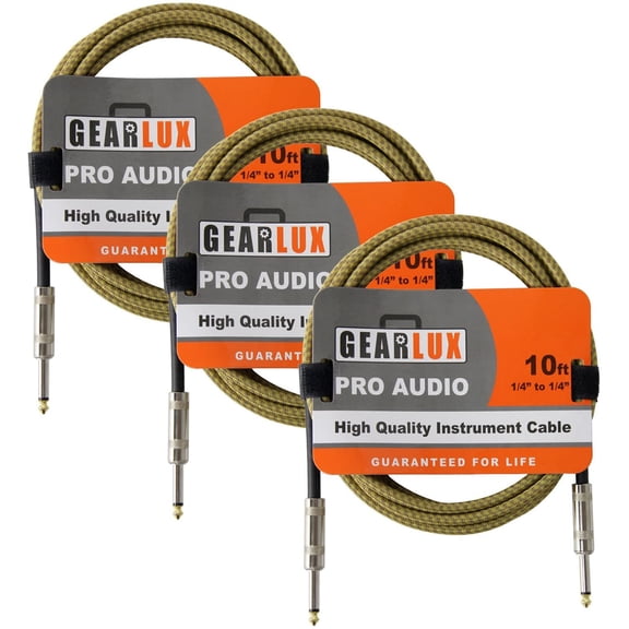 Gearlux Instrument Cable, 1/4 Inch, Straight-Straight, Tweed, 10 Foot - 3 Pack