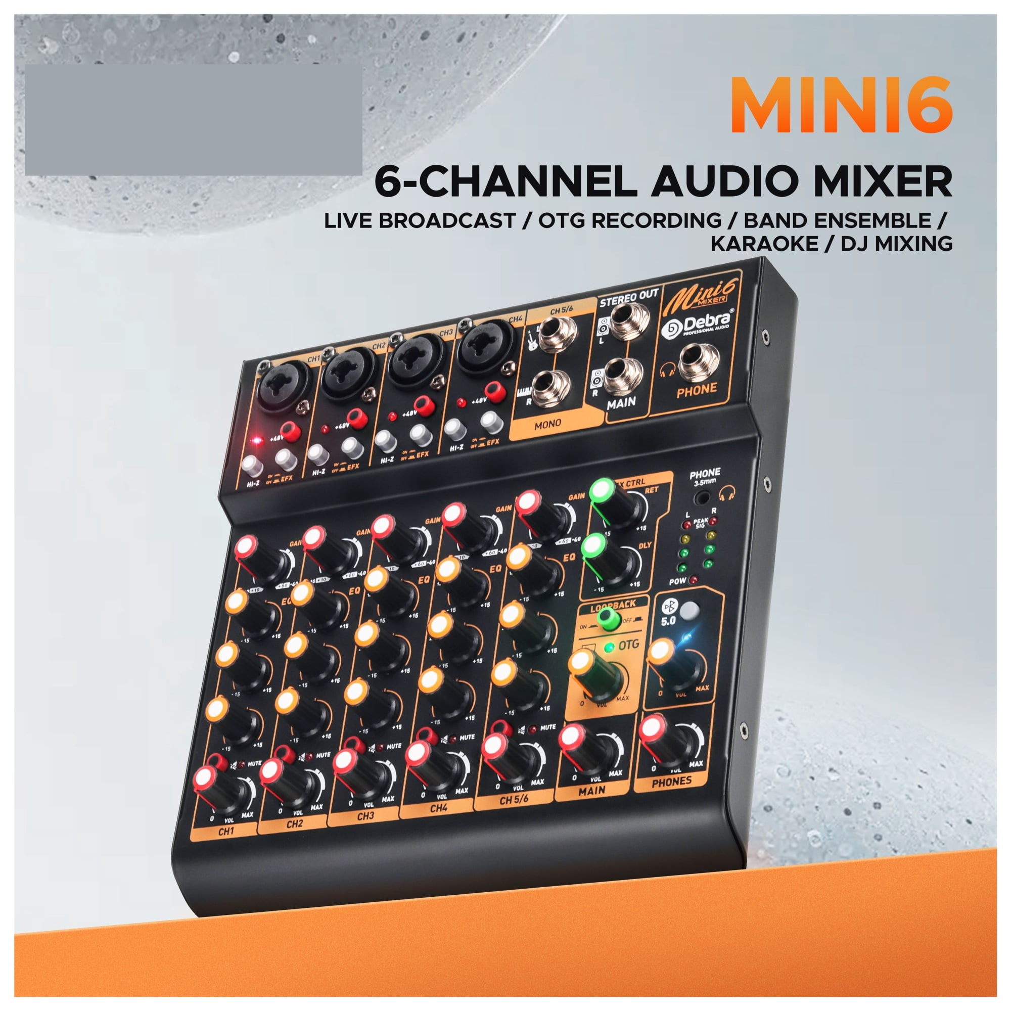 OTG Metal Mixer DJ Console Mini6 With Bluetooth 48V Power Delay Repaeat Effect For Sound Mixing Console PC Recording ,Easy to Operate