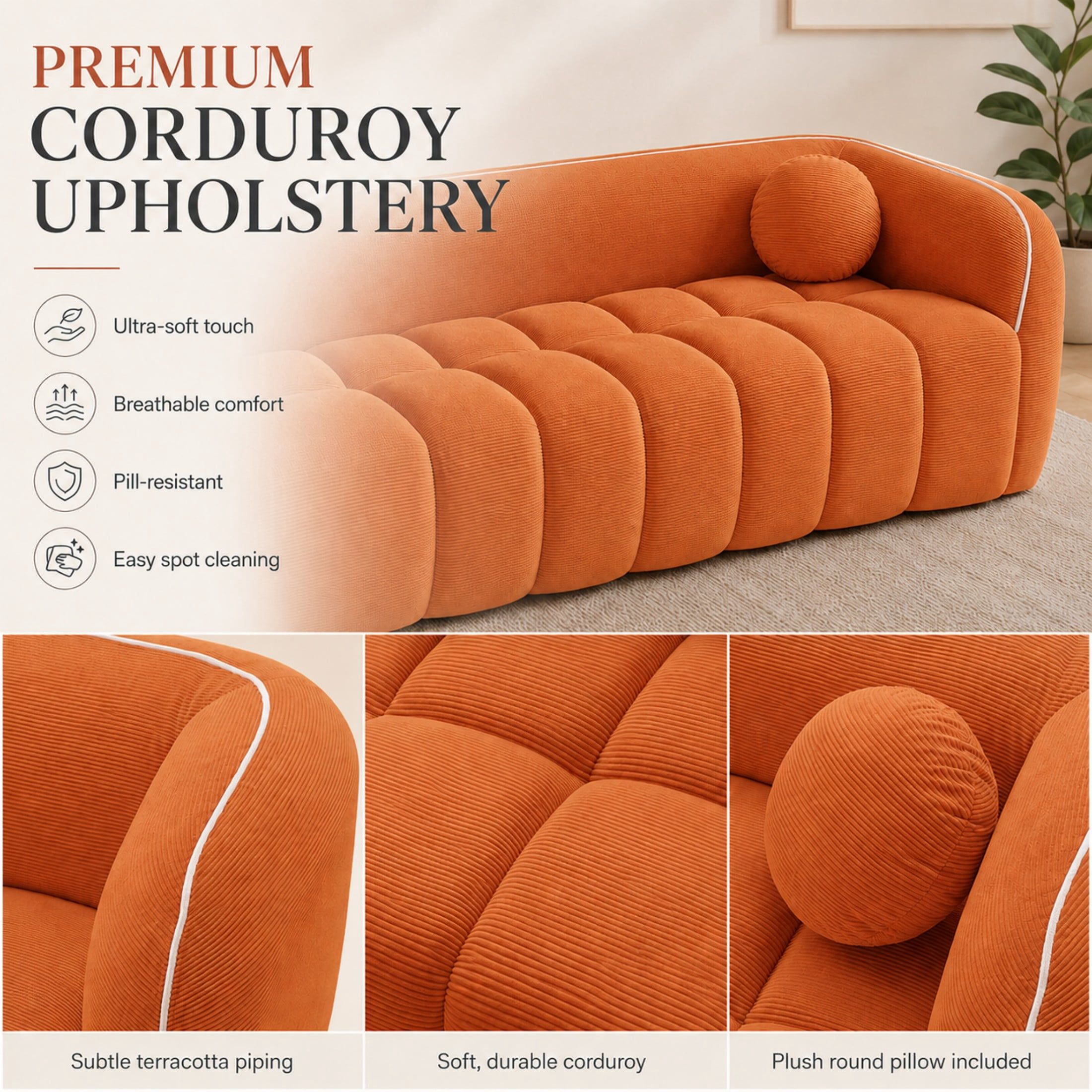 Aenkyo 99 Inch Corduroy Cloud Sofa Couch with Round Pillows, No Assembly, Orange