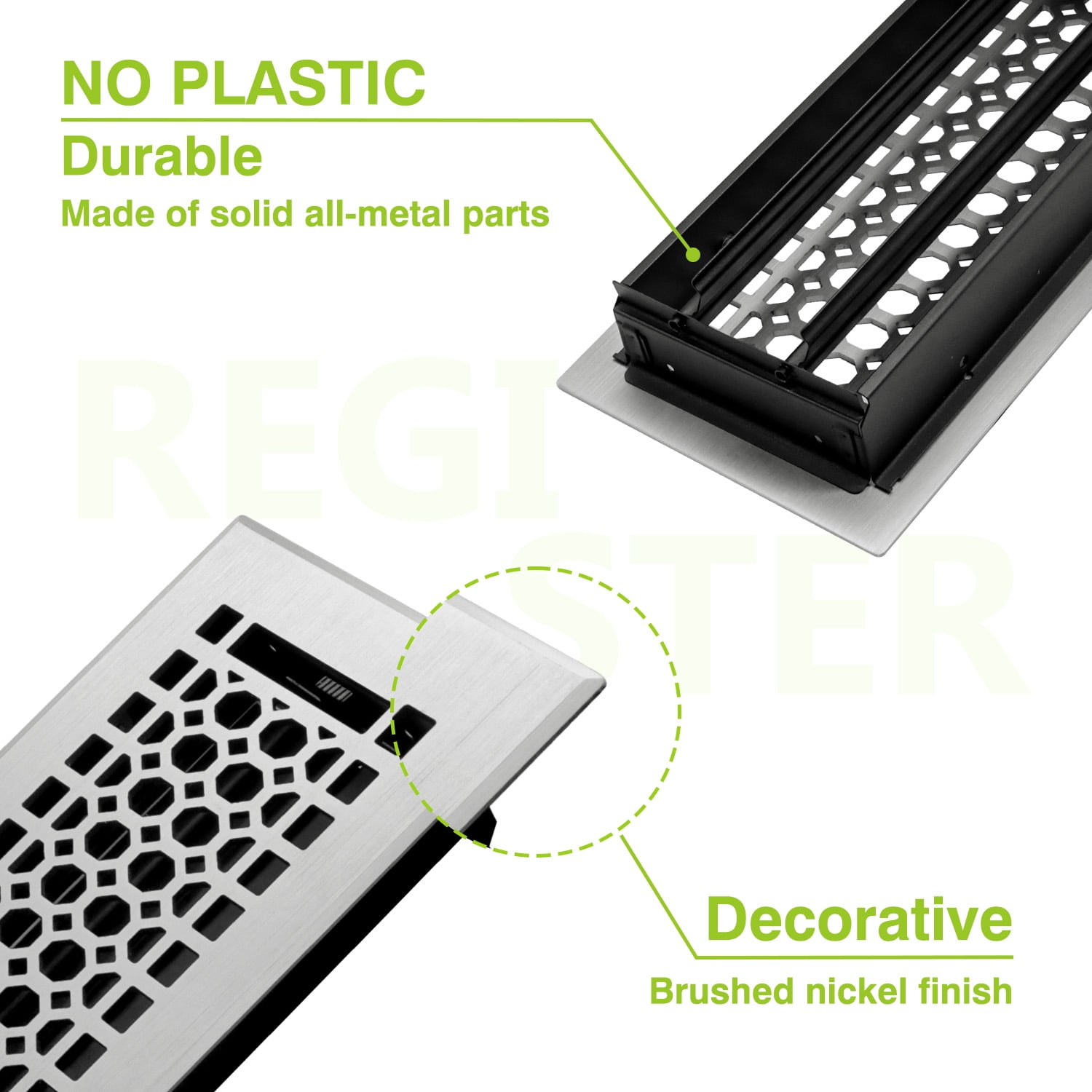 Naiture Stainless Steel Floor Register, Heavy Duty Rust-Resistant Floor Vent Cover, Metal Damper or Lever, Honeycomb Style Grille Floor Vent, Duct Size 4" X 14", Brushed Nickel Finish