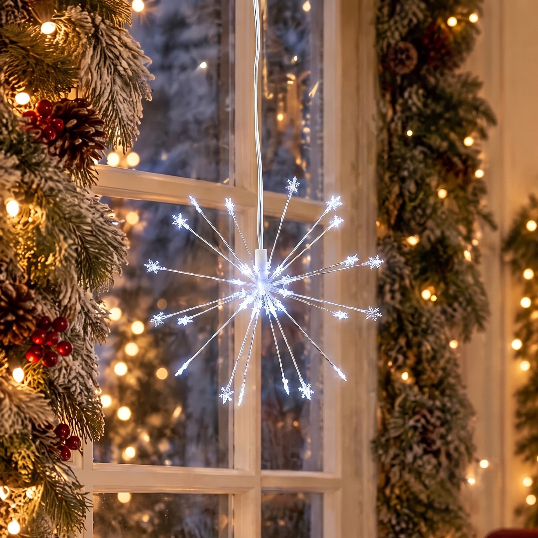 Indoor/Outdoor 6-Count LED 8-Function Starburst Christmas String Lights, Cool White, Transparent Wire, 7.5', by Holiday Time