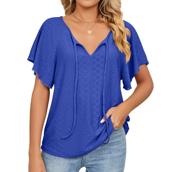 WIZUTIZ Plus Size Tops for Women up to 65% Off Breathable Fluffy Athletic Tee V-Neck Cozy Style Short Sleeve Tshirt Elegant Solid Linen Tshirts Comfy Holiday Beach T-shirt Casual Ladies Tops Blue