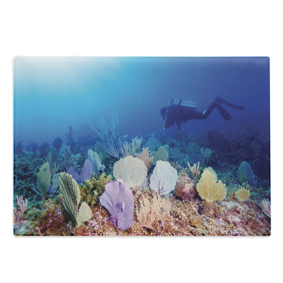 Diver Cutting Board, Young Man Floating Swiftly in Sea Plantation Colorful Coral Reefs Underwater Life, Decorative Tempered Glass Cutting and Serving Board, in 3 Sizes, by Ambesonne
