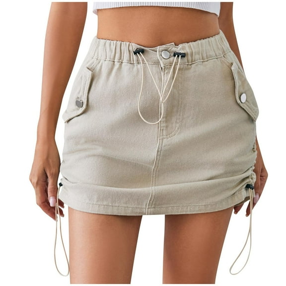 A Line Skirts Women New Women Jeans Skirt Summer Casual High Waist Elastic Drawstring a Line Cargo Denim Skirt Streetwear Khaki S