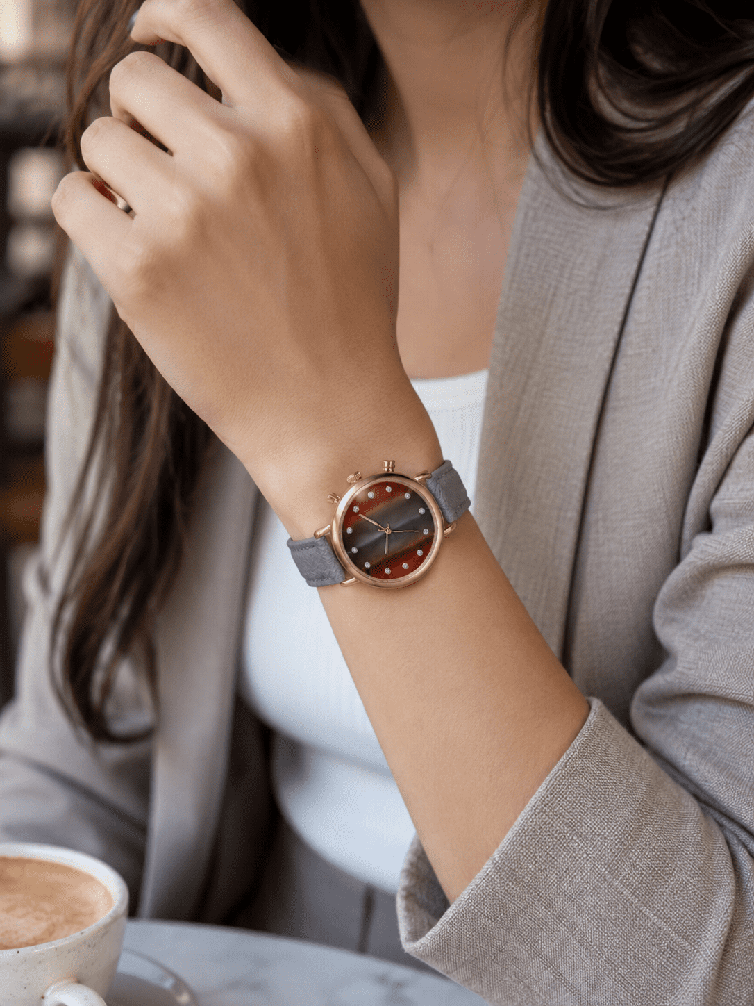 Rose Gold Plated Watch with Gray Ombre Dial 12 Stones PU Strap – WM2015013