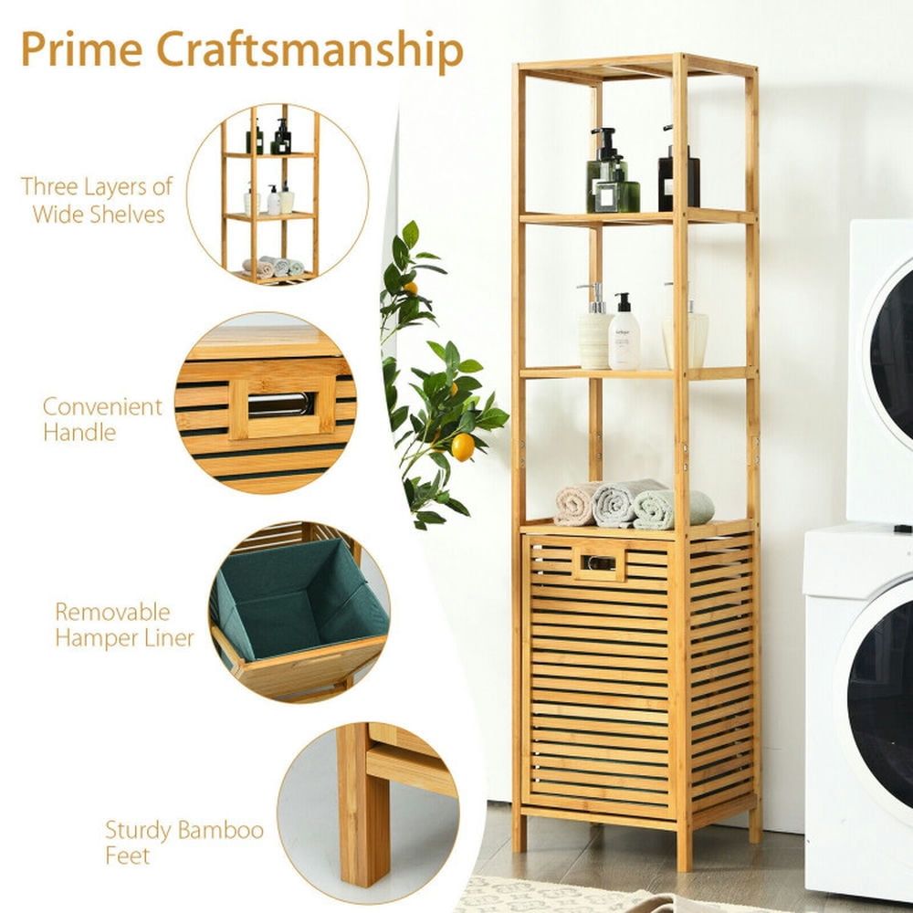 Finihen Bathroom Storage Cabinet, Bathroom Floor Cabinet, Bamboo Tower Hamper Organizer with 3-Tier Storage Shelves, for Bathroom, Living Room, Bedroom, Kitchen, Natural Finihen Bathroom Storage Cabinet, Bathroom Floor Cabinet, Bamboo Tower Hamper Organizer with 3-Tier Storage Shelves, for Bathroom, Living Room, Bedroom, Kitchen, Natural