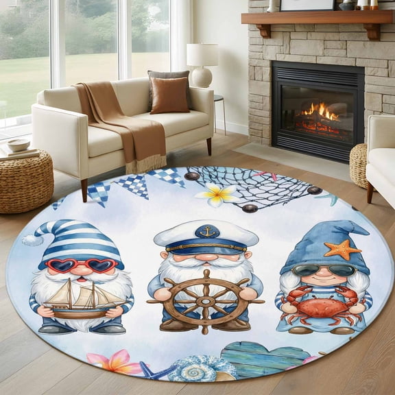 Summer Gnomes Nautical Round Area Rug 8Ft Washable Large Circle Rugs for Living Room Dorm, Blue Coastal Blue Ombre Non-Slip Carpet Floor Mats Indoor Outdoor Carpet Runner Aesthetic Home Decor