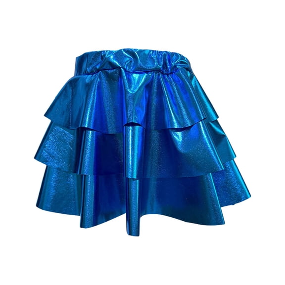 Girls Metallic 3 Layer Cake Skirt, Shiny Tulle Dance Skirt with Pleated Hem, Performance Tutu for Kids Ballet Recital and Party, Age 3-14 Years Sky Blue XS