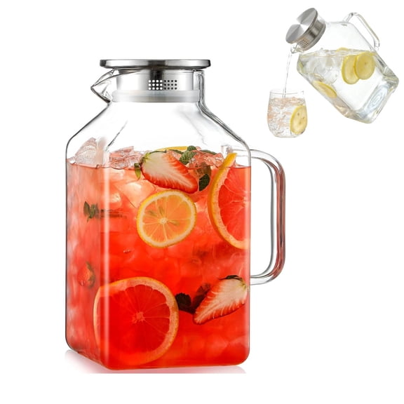 1 Gallon Square Glass Pitcher with Lid and Spout Borosilicate Glass Carafe for Hot/Cold Drink Water Pitcher with Handle for Fridge Large Jug for Iced Tea Coffee Juice Beverage