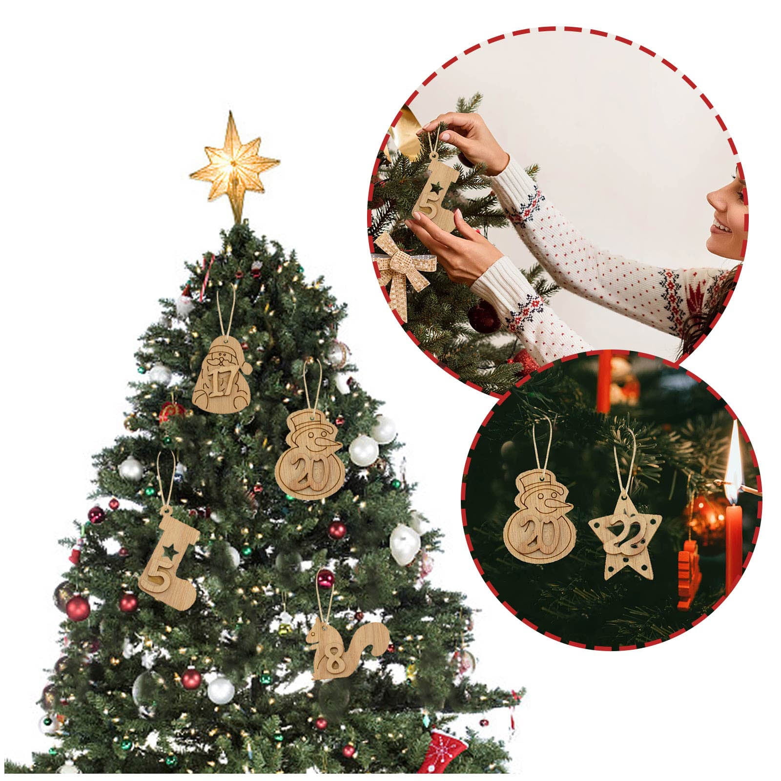 BHGT Calendrier De L'Avent De Noël 24PCS Pendentifs En Bois Avec Ficelles Jutes Et Pinces Compte à Rebours Avec Chiffres De Noël Décoration Sapin De Noël