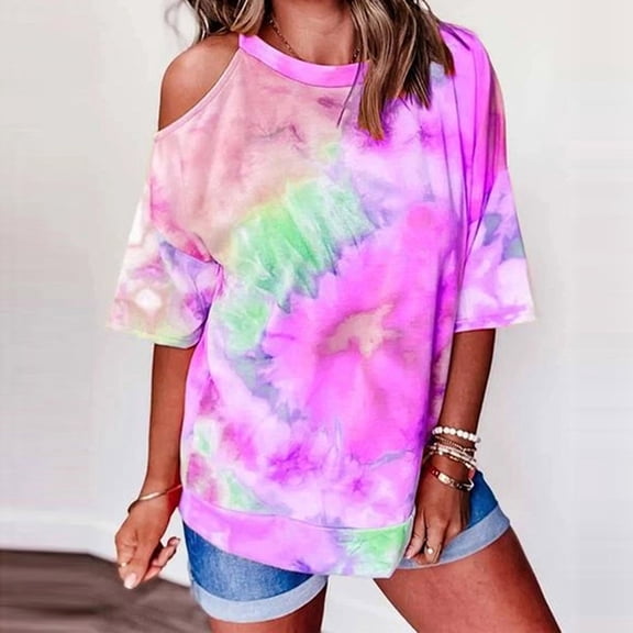 Abcnature Women's Tie-Dye Printed O-Neck Off-Shoulder Short Sleeve Tops T-shirt Blouse Purple S
