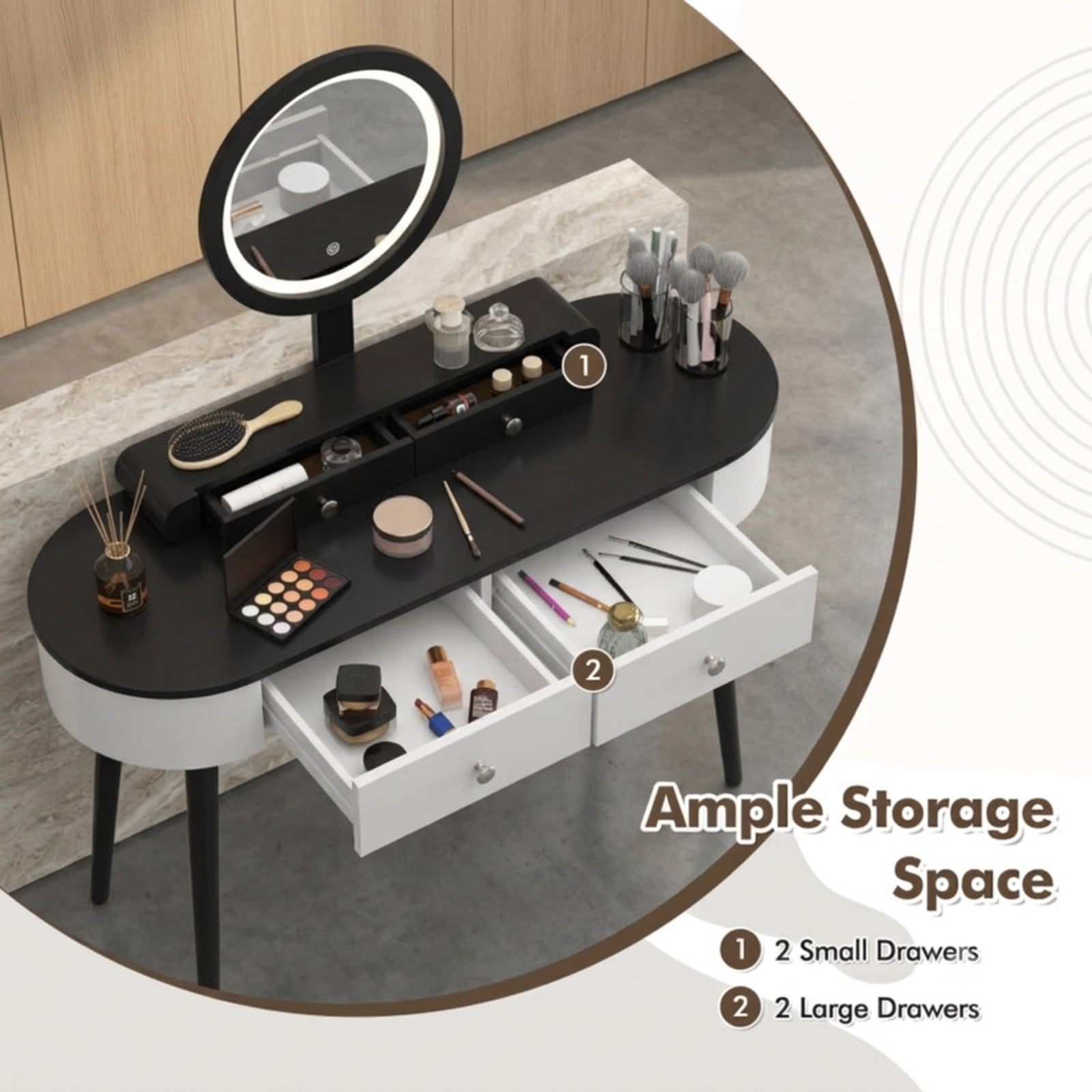 Furnibear Makeup Vanity Table Set with LED Mirror and 3 Spacious Drawers-White and Black for Bedroom Makeup Dressing Room Vanity Desk