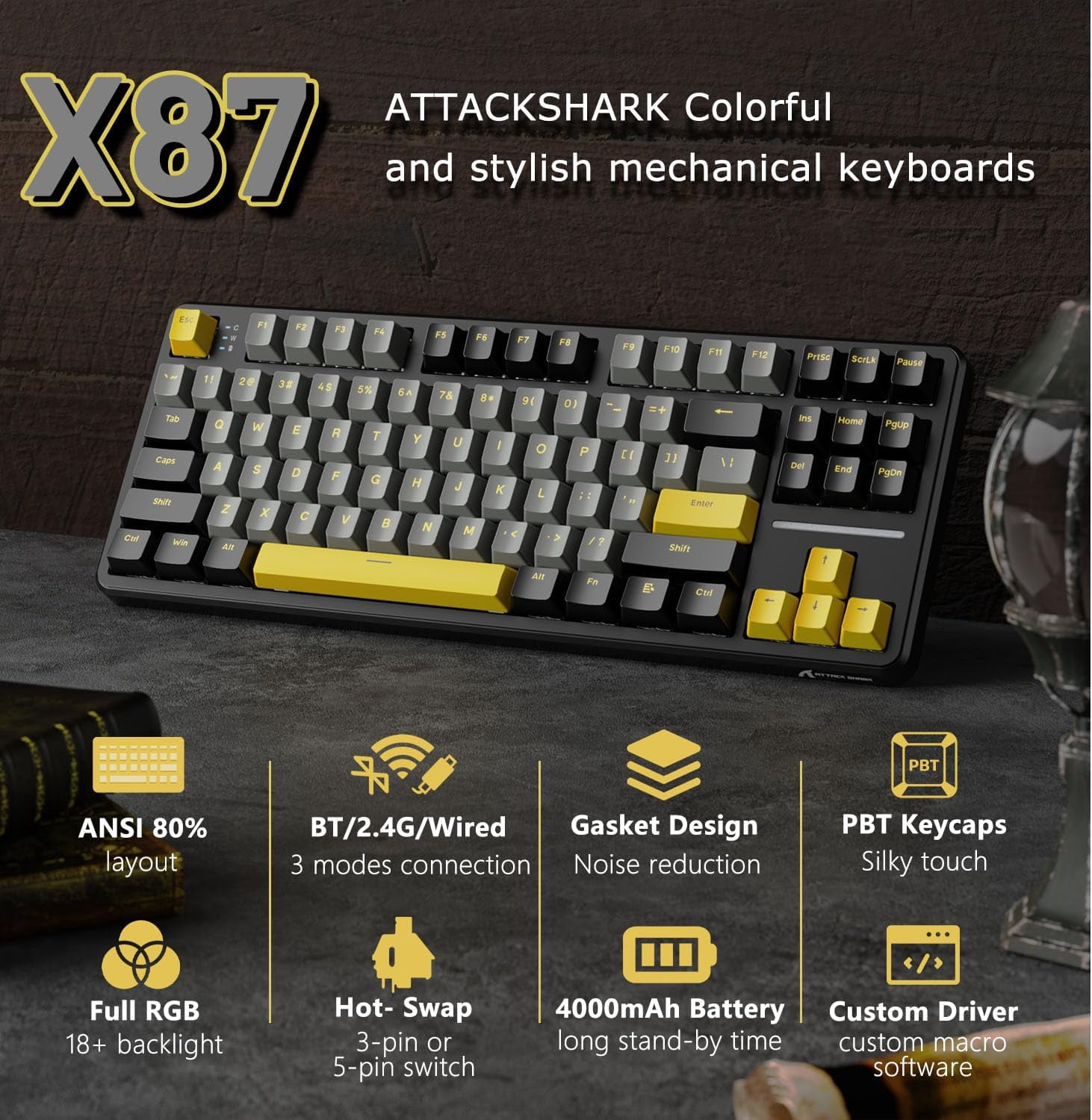 ATTACK SHARK X87 80% Wireless Mechanical Keyboard, BT5.0/2.4G/USB-C Hot-Swap Gasket Gaming Keyboard,RGB Backlit, 4000mAh,Pre-lubed Linear Switch, Side Engraved Gradient PBT Keycap for PC/MAC