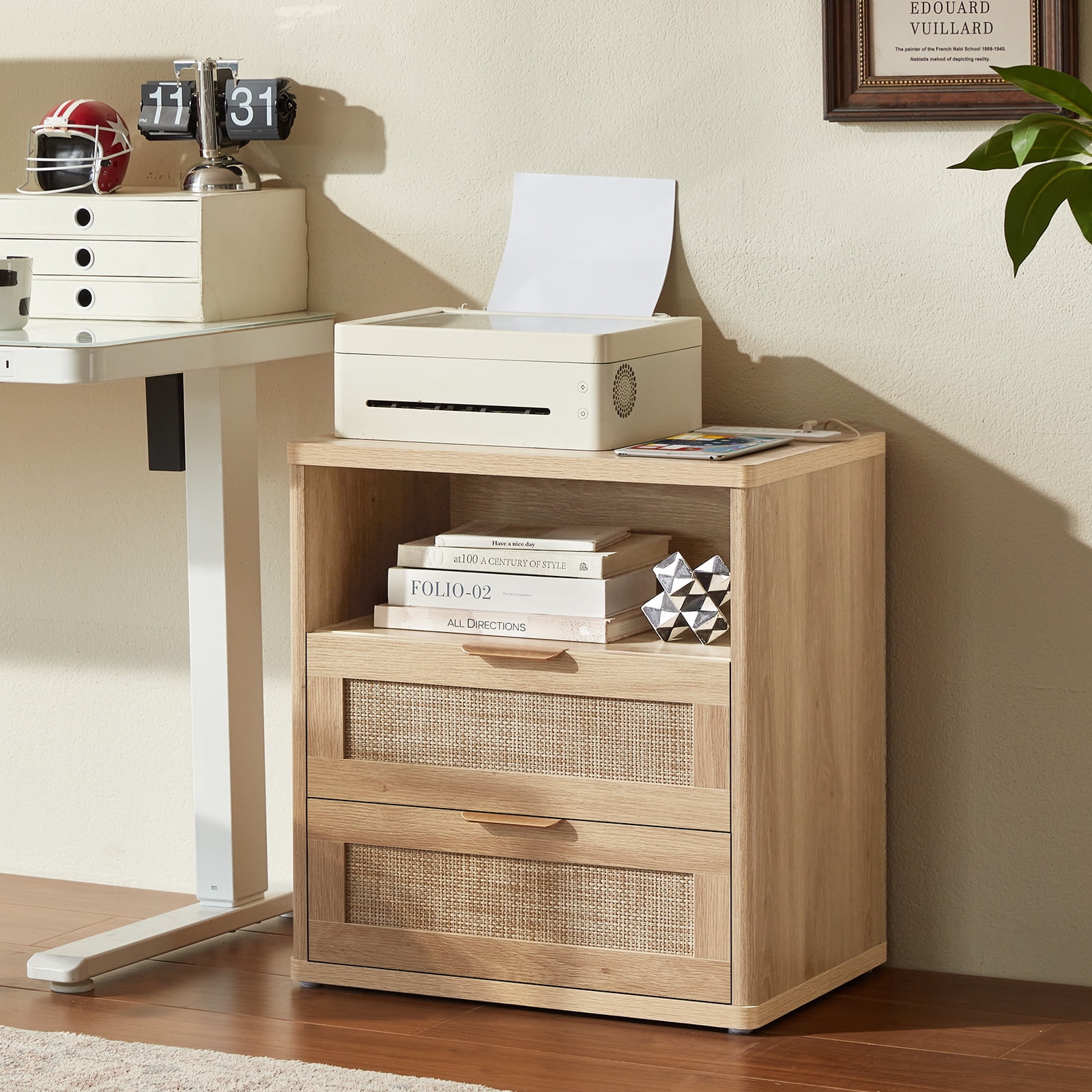 Rattan Nightstand Set of 2, Farmhouse Bedside Tables Night Stands with 2 Drawer and a Storage Shelf, Boho Side Tables for Living Room,Bedroom, Natural Wood