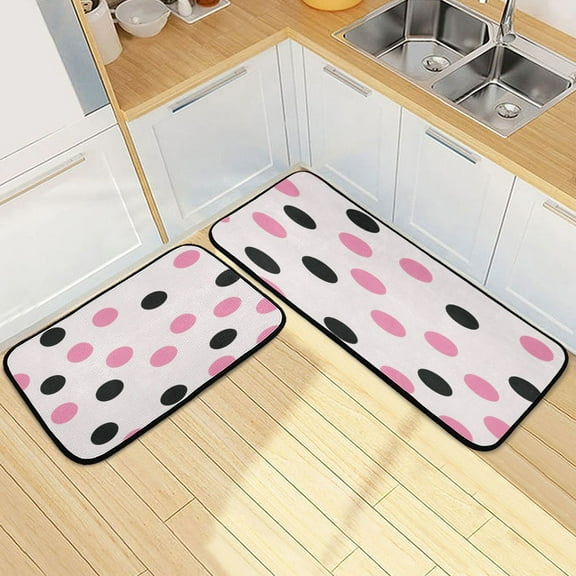 Kitchen Rug Set 2 Pieces Non Slip Kitchen Mat for Kitchen Home Floor Sink 47"x19" 27"x19" Pink and Black Dots