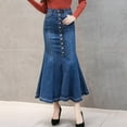 thumbnail image 5 of Women's Stretchy Denim Midi Skirt - High Waist Fishtail Bodycon Skirt, Button Closure, S-XXL, 5 of 7