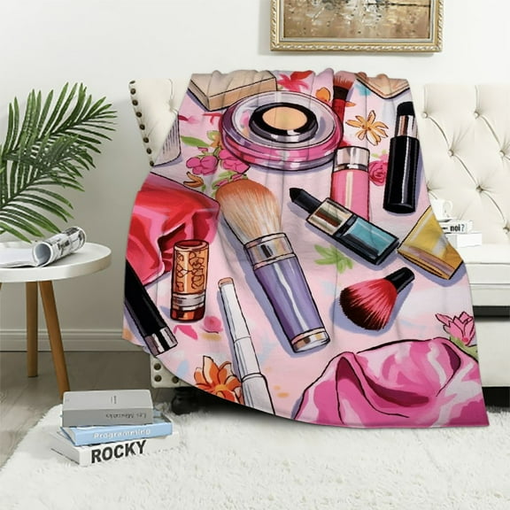 Creowell Cosmetics Makeup Products Print Throw Blanket for Bed Couch Car Kids Adults Flannel Material All Seasons Super Soft Blanket 40x50in