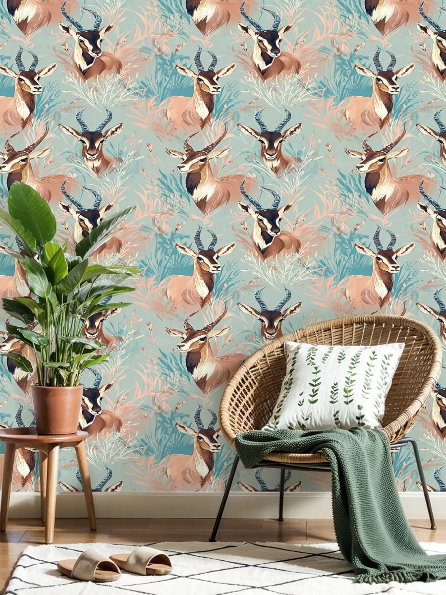 Peel and Stick Wallpaper Hunting Wildlife Antelope Botanical Pastel Blue Peach Wall Mural 17.7in x 9.8ft Self Adhesive Removable Wall Paper Renter Friendly Wallpaper for Nursery Bedroom Cabinets