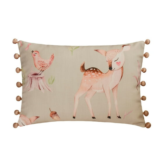 The HomeCentric Designer Lumbar Pillow Cover Beige 12"x16" (30x40 cm) Cotton Nursery, Kids,Printed, Pom Pom Oblong Pillow Cover, Animal Nursery Style - Bambi Dreams