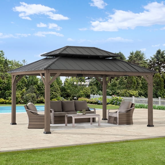 Sunjoy 12 ft. x 16 ft. Cedar Framed Gazebo with Dark Brown Steel Hardtop
