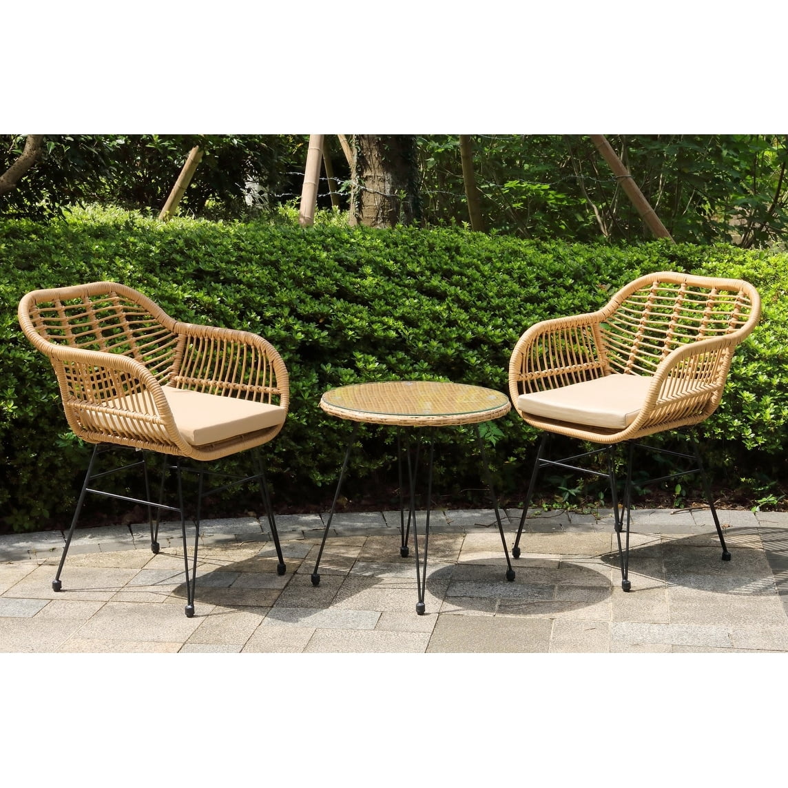 Crescent 3-Piece Outdoor Wicker Patio Bistro Set with Cushions Beige