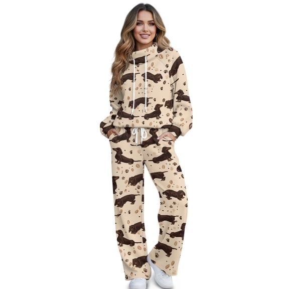 SCRAWLGOD Dachshund Paw Coffee Bean Print Beige Women's 2 Piece Outfits Casual Pullover Sweatshirt Wide Leg Lounge Set Trendy Sweatsuit Turtleneck Lounge Set for Casual Wear, XS
