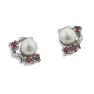 - Studs with Genuine Ruby and Freshwater Pearl Sterling Silver Earrings Platinum Plated (Tarnish Free)