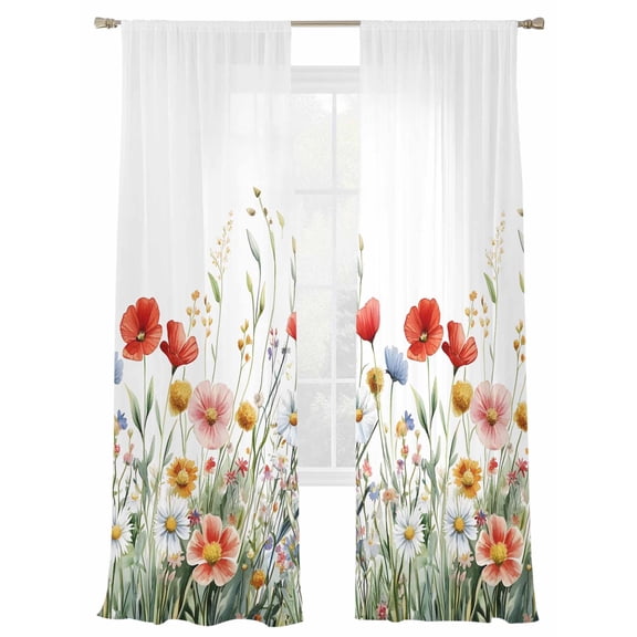 Spring Poppy Sheer Curtains 2 Panels Set Flower Colorful Wildflower Sage Green Leaves Sheer Window Curtains Light Filtering Rod Pocket Voile Drapes for Bedroom Living Room 52"X96"