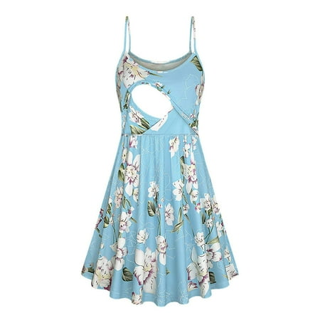 

UHUYA Womens Maternity Nursing Dresses for Breastfeeding Short Sleeve Fashion Print Sling Dress Sky Blue XL US:10